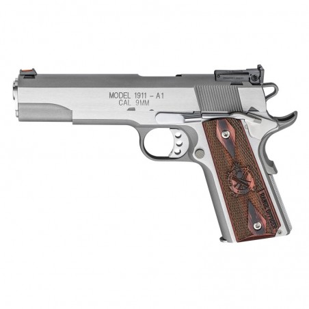 Springfield Range Officer 1911 Pistol, 9MM, 5" Match Grade Barrel, Stainless Finish, Diamond Cocobolo Grips, Fiber Optic Front