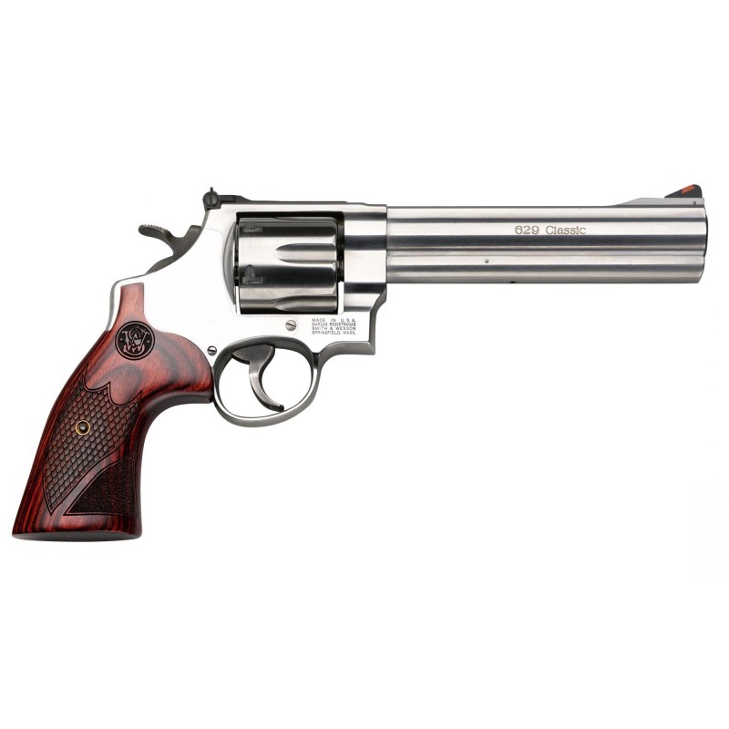 Smith & Wesson 629 Deluxe Revolver, Double Action, Large Frame, 44 Mag, 6.5" Barrel, Stainless Finish, Wood Grip, 6Rd, Adjustab