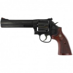 Smith & Wesson Model 586, Medium Frame Revolver, 357 Magnum, 6" Barrel, Steel Frame, Blue Finish, Wood Grips, Red Ramp White Ou