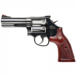 Smith & Wesson Model 586, Medium Frame Revolver, 357 Magnum, 4" Barrel, Steel Frame, Blue Finish, Wood Grips, Red Ramp White Ou