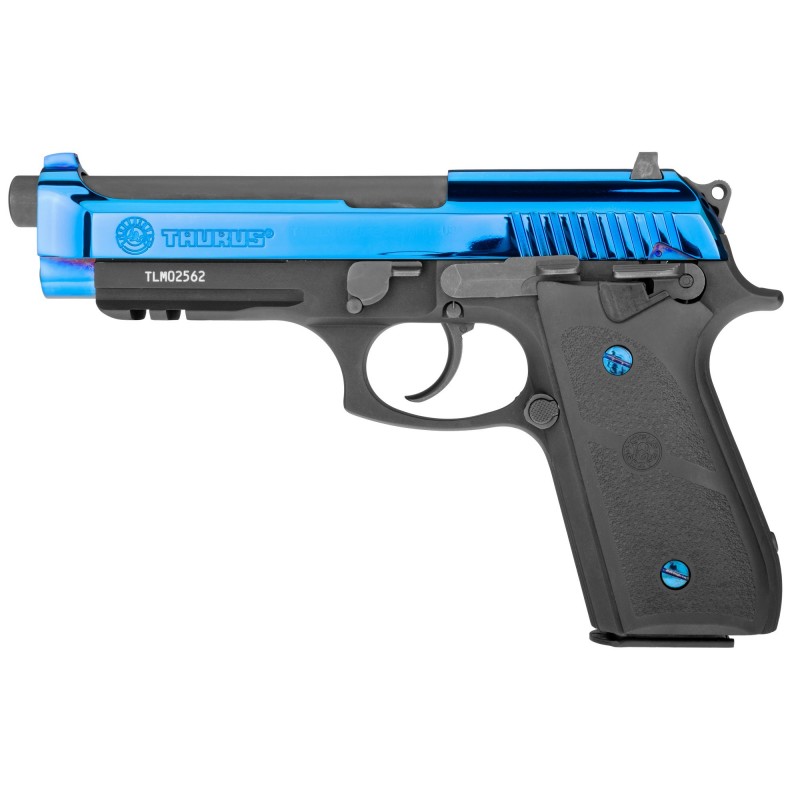 Taurus PT92, Full Size, 9MM, 5" Barrel, Alloy Frame, Polished PVD Blue Slide, Hogue Soft Overmold Rubber Grips, 2 Magazines, 17