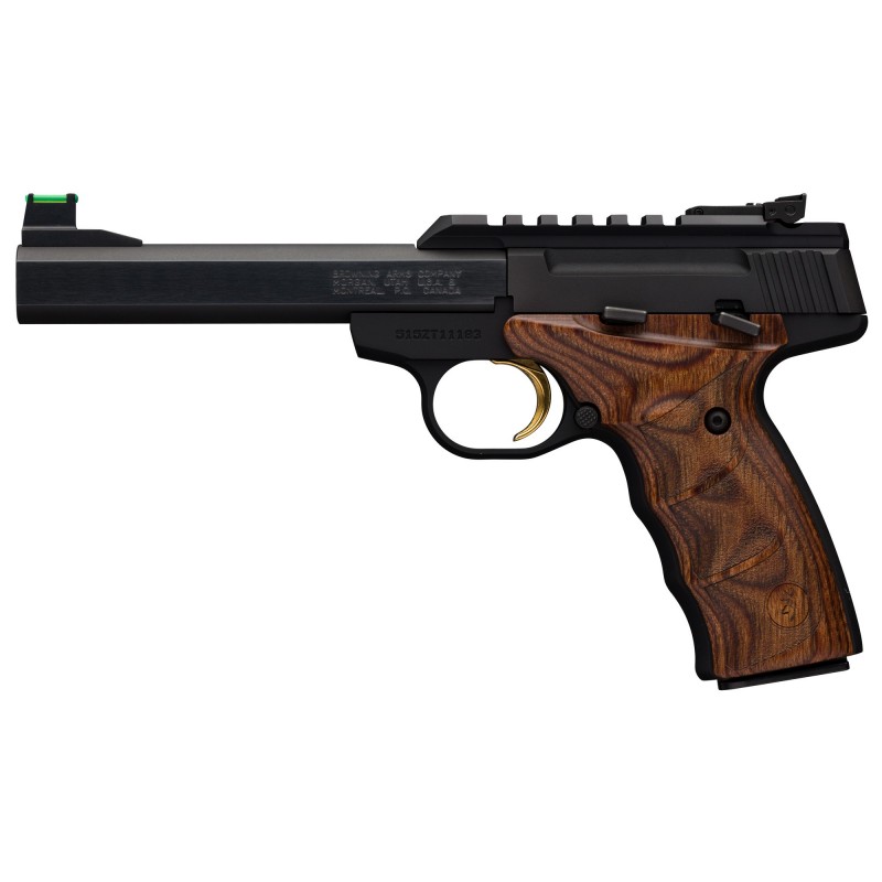 Browning Buck Mark, Plus, Semi-Automatic, 22LR, 5.5" Barrel, Aluminum Frame, Black Finish, Wood Grips, 10Rd, Fiber Optic Front