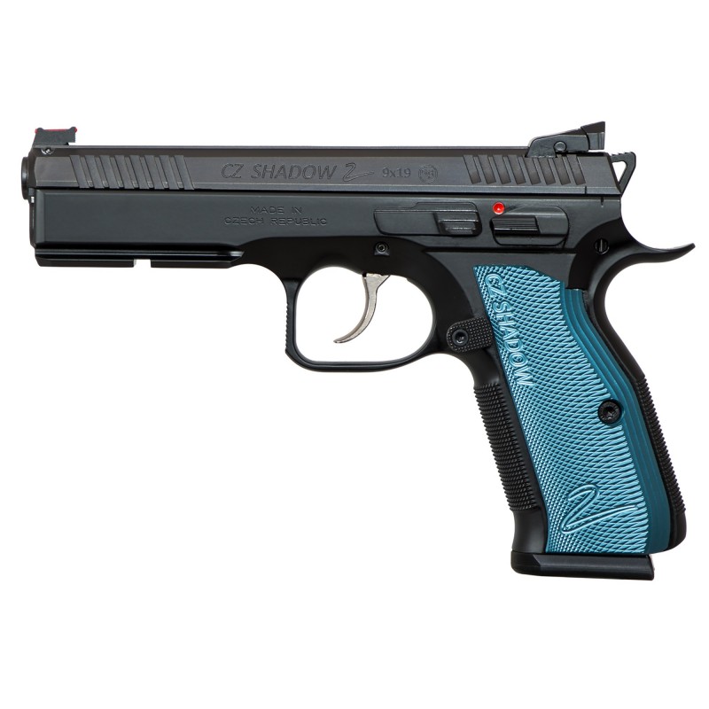 CZ Shadow 2, Semi-automatic, DA/SA, Full Size Pistol, 9MM, 4.89" Barrel, Steel Frame, Black Finish, Aluminum Blue Grips, 17Rd,