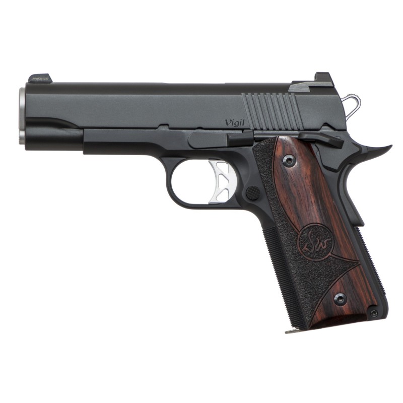 Dan Wesson Vigil, Commander Size 1911, 45 ACP, 4.25" Barrel, Aluminum Frame, Black Finish, Wood Grips, 8Rd, Night Sights 01834