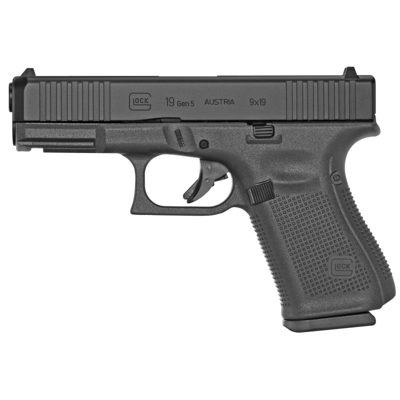 Glock 19 Gen5, Striker Fired, Compact, 9MM, 4.02" Marksman Barrel, Polymer Frame, Matte Finish, Fixed Sights, 10Rd, 3 Magazines