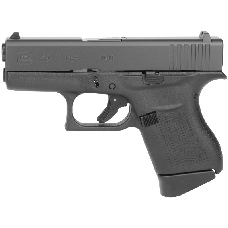 Glock 43, Striker Fired, Sub Compact, 9MM, 3.41" Barrel, Polymer Frame, Matte Finish, Fixed Sights, 6Rd, 2 Magazines UI4350201