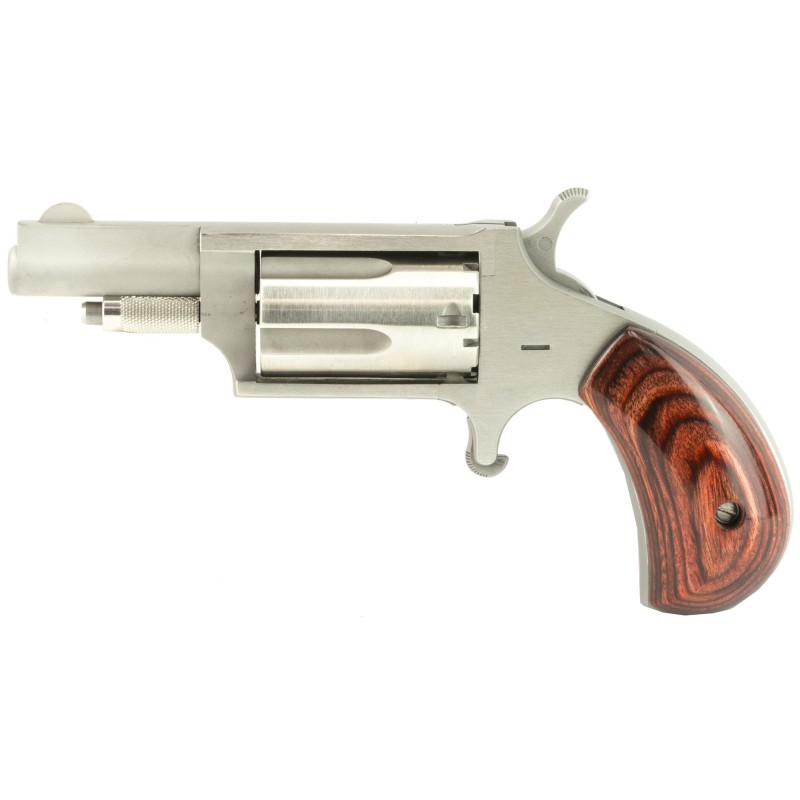 North American Arms Mini Revolver, Single Action, 22LR/22WMR, 1.625" Barrel, Steel Frame, Stainless Finish, Wood Grips, Fixed S