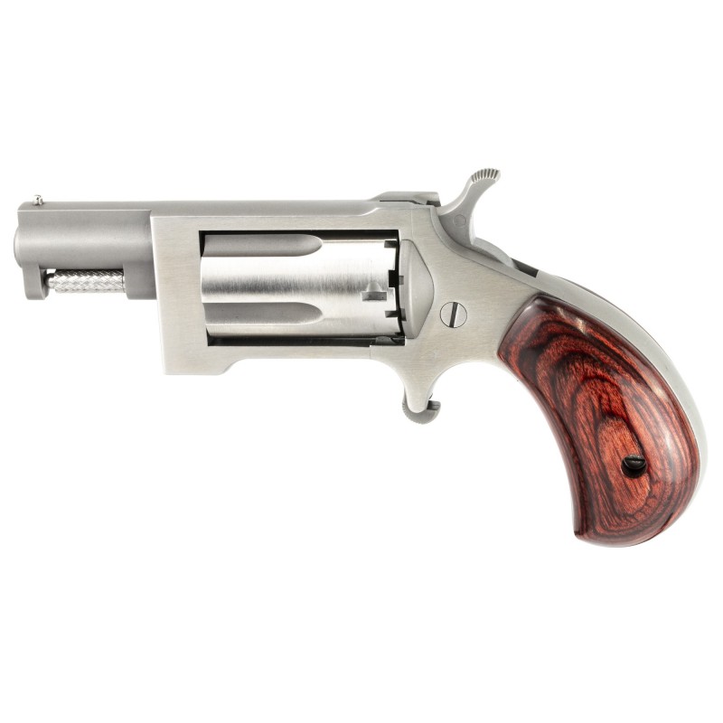 North American Arms Sidewinder, 22WMR, 1" Barrel, Steel Frame, Stainless Finish, Wood Grips, Fixed Sights, 5Rd, Swing-out Style