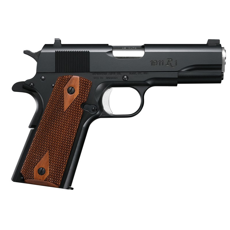 Remington R1 Commander, 1911 Commander, 45ACP, 4.25" Barrel, Steel Frame, Black Finish, Walnut Grips, Fixed Sights, 7Rd, 2 Maga