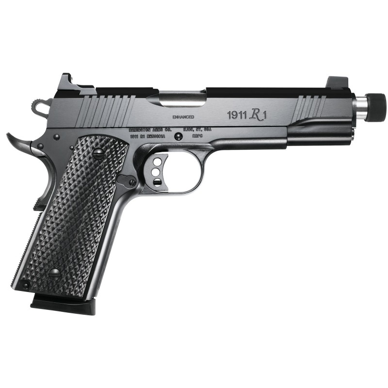 Remington R1 Enhanced, 1911, Full Size, 45ACP, 5.75" Threaded Barrel, Steel Frame, Black Satin Finish, Laminate Grips, Tall 2-D