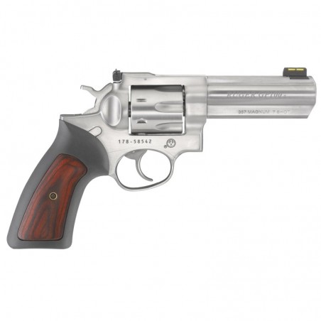 Ruger GP100, Double Action Revolver, 357 Magnum, 4.2" Barrel, Satin Stainless Finish, Black Rubber & Engraved Wood Grips, 7Rd,