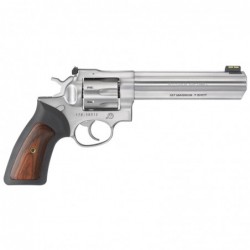 Ruger GP100, Double Action Revolver, 357 Magnum, 6" Barrel, Satin Stainless Finish, Black Rubber & Engraved Wood Grips, 7Rd, Ad