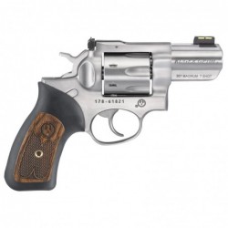 Ruger GP100, Double Action Revolver, 357 Magnum, 2.5" Barrel, Satin Stainless Finish, Black Rubber & Engraved Wood Grips, 7Rd,