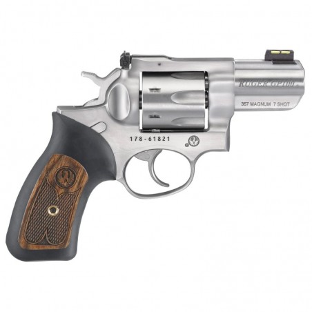 Ruger GP100, Double Action Revolver, 357 Magnum, 2.5" Barrel, Satin Stainless Finish, Black Rubber & Engraved Wood Grips, 7Rd,