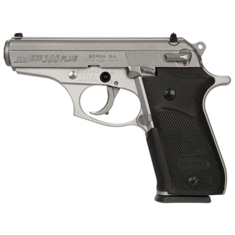 Bersa Thunder Plus, DA/SA, Full Size, 380ACP, 3.5" Barrel, Alloy Frame, Nickel Finish, Polymer Grips, Fixed Sights, 15Rd, 1 Mag