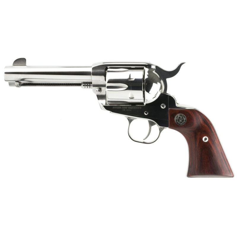 Ruger Vaquero Stainless, Single-Action Revolver, 45 Colt, 4.6" Barrel, High-Gloss Stainless Finish, Stainless Steel, Hardwood G