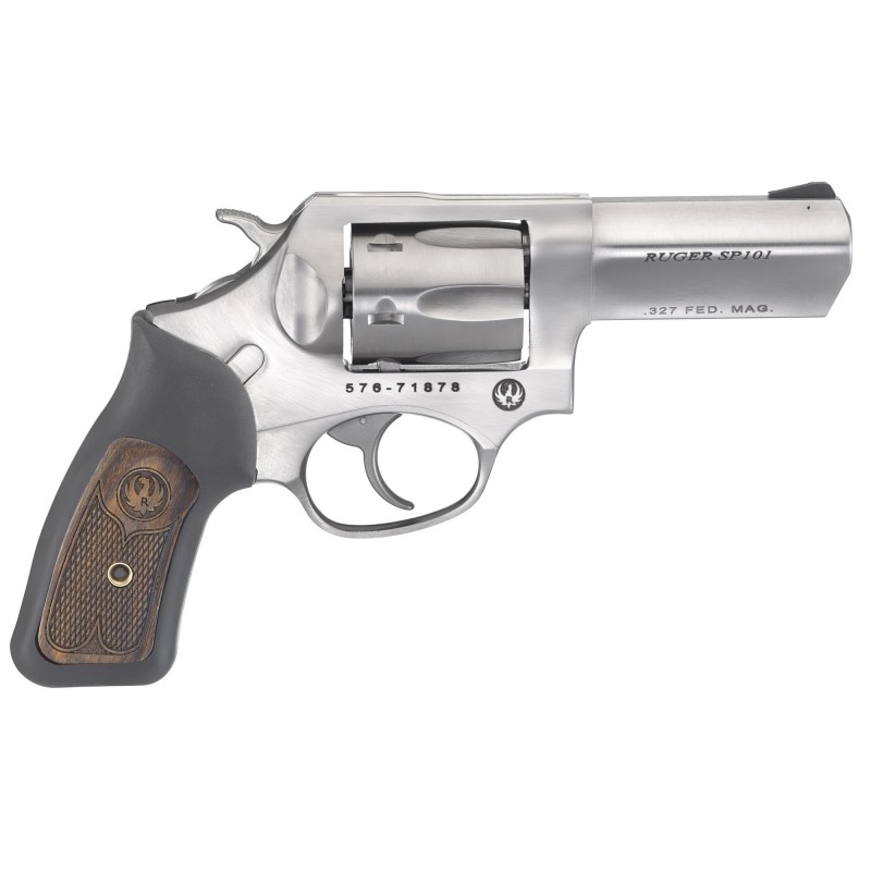 Ruger SP101, Double Action Revolver, 327 Federal Magnum, 3" Barrel, Satin Stainless Finish, Black Rubber & Engraved Wood Grips,