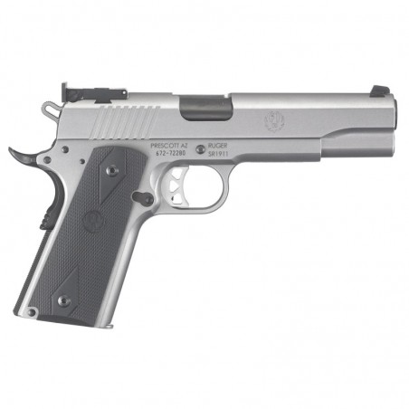 Ruger SR1911, Full Size, 10MM, 5" Bushingless Stainless Steel Bull Barrel, Low-Glare Stainless Slide Finish and Grip Frame, Bla