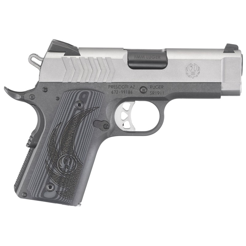 Ruger SR1911, Officer Size, 9MM, 3.6" Barrel, Low-Glare Stainless Slide Finish, Aluminum Frame, Deluxe Checkered G10 Grips, 8Rd