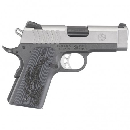 Ruger SR1911, Officer Size, 9MM, 3.6" Barrel, Low-Glare Stainless Slide Finish, Aluminum Frame, Deluxe Checkered G10 Grips, 8Rd