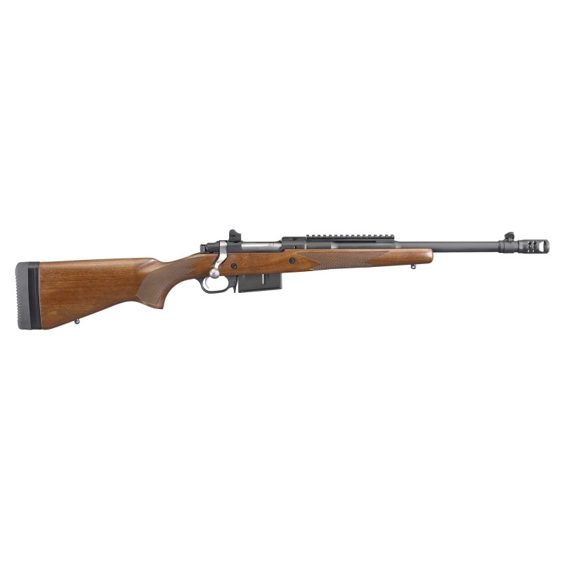 Ruger Gunsite Scout Rifle, Bolt Action Rifle, 450 BUSHMASTER, 16.1" Barrel, Matte Black Finish, Walnut Stock, Adjustable Rear S