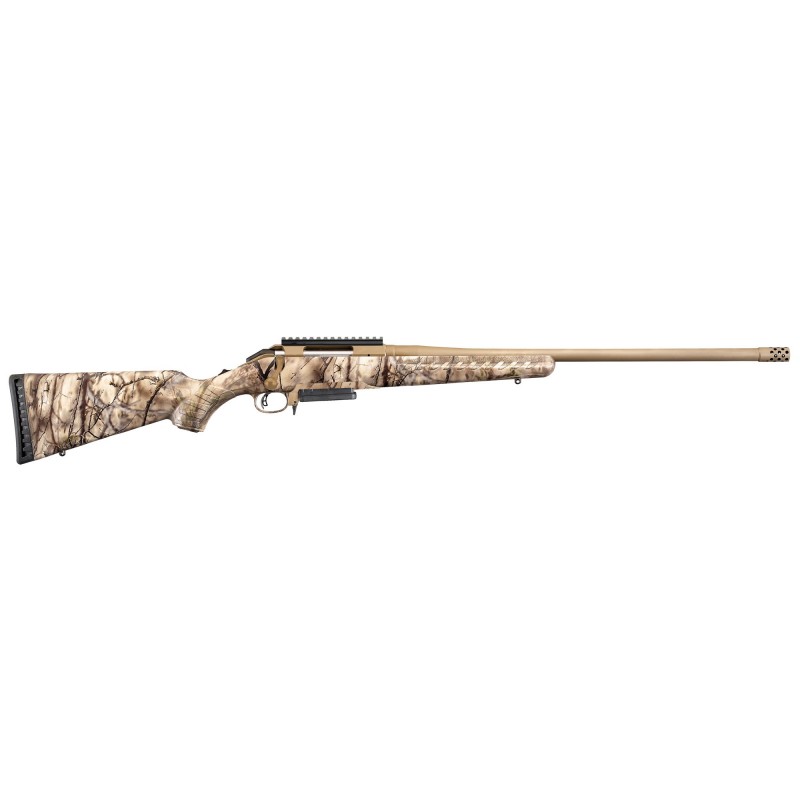 Ruger American Bolt-Action, 7MM08, 22" Barrel w/Muzzle Brake, Cerakote Bronze Finish, Go Wild Camo Synthetic Stock, Scope Base,