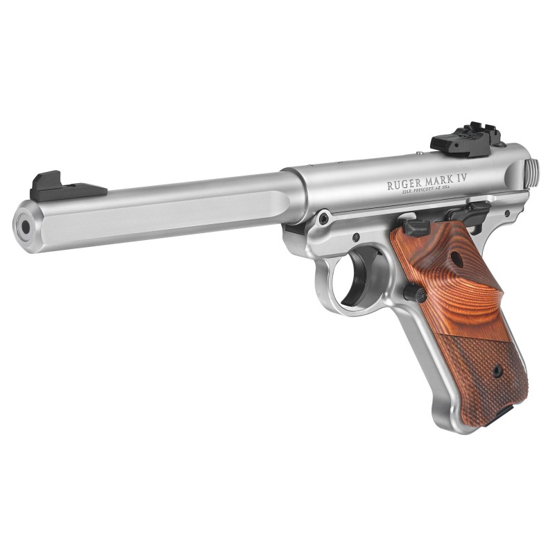 Ruger Mark IV Competition, Semi-automatic, 22LR, 6.9" Slab Side Bull Barrel, Stainless Frame and Slide, Checkered Laminate grip