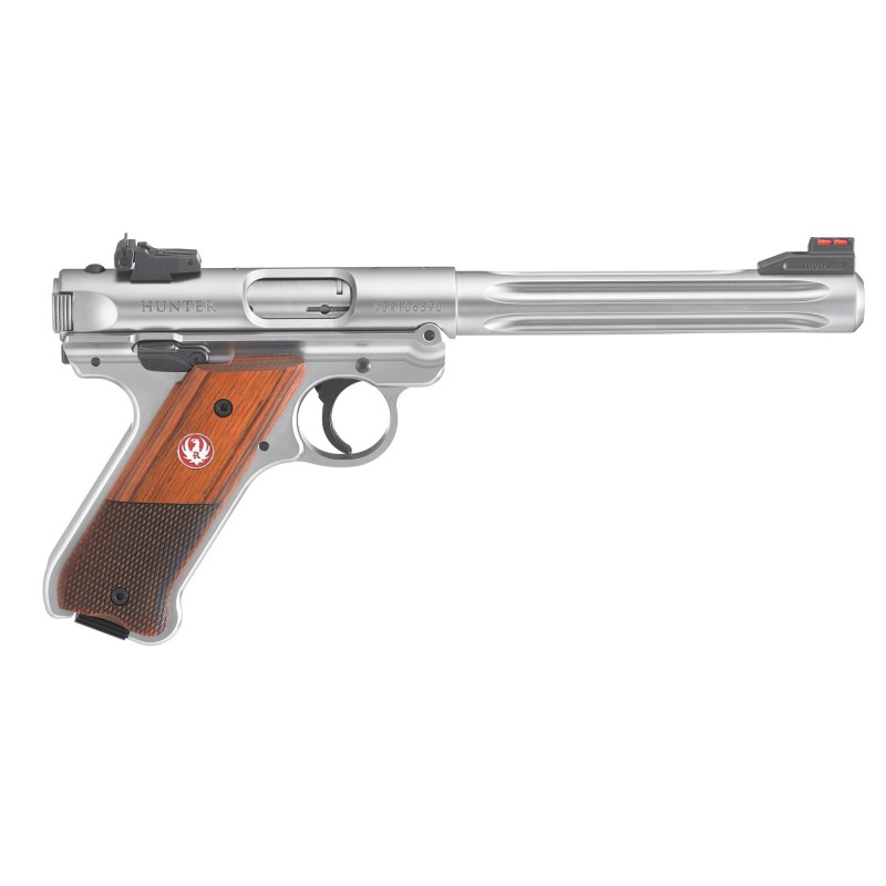 Ruger Mark IV Hunter, Semi-Automatic, 22LR, 6.9" Barrel, Stainless Frame, Satin Finish, Checkered Laminate Grips, Fluted Bull B