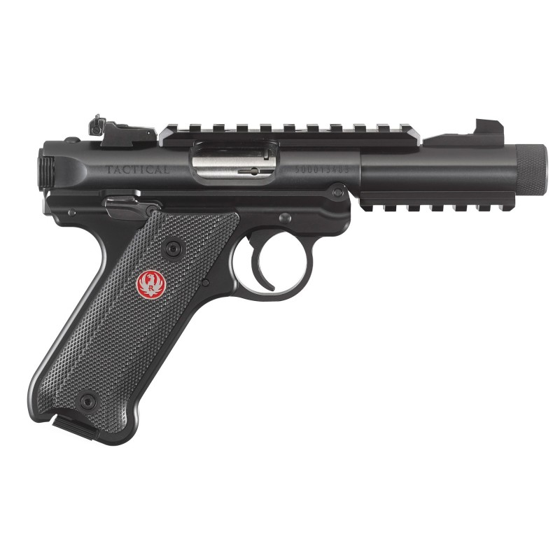 Ruger Mark IV, Tactical, Semi-automatic, 22LR, 4.4" Threaded Barrel, Alloy Frame, Blue Finish, Checkered Synthetic Grips, 2-10R