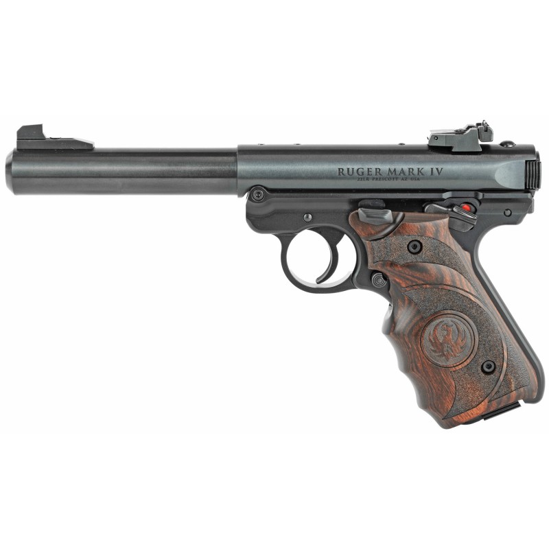 Ruger Mark IV Target, Semi-automatic, 22LR, 5.5" Barrel, Alloy frame, Blue Finish, Laminate Grips, Bull Barrel, Adjustable Rear